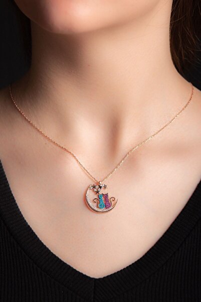 Genel Markalar Karışık Zirkon Taşlı Rose Altın Kaplama Kedili Hilal Kolye 925...