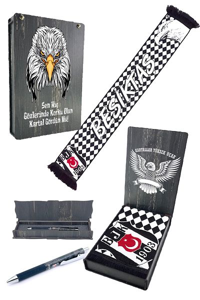 Beşiktaş Set de bătătură țesută originală + pix cu cutie de cadou din lemn