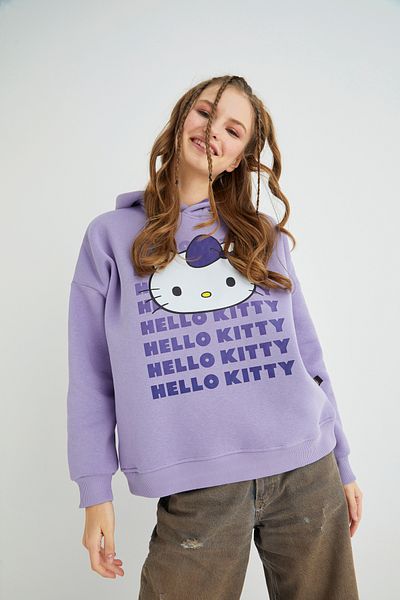 Hello Kitty Hanorac liliac imprimat cu glugă gros și supradimensionat Roz-94