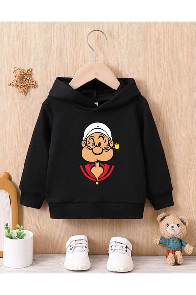 AEMİ Детски суитшърт с качулка и щампа Popeye - Детски черен суитшърт с качулка