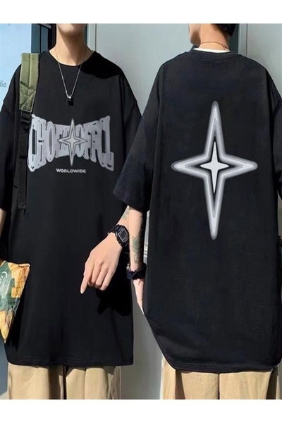DEEFWEAR Crna unisex Oversize kroj T-shirt - širom sveta prednja-stražnja Šta...