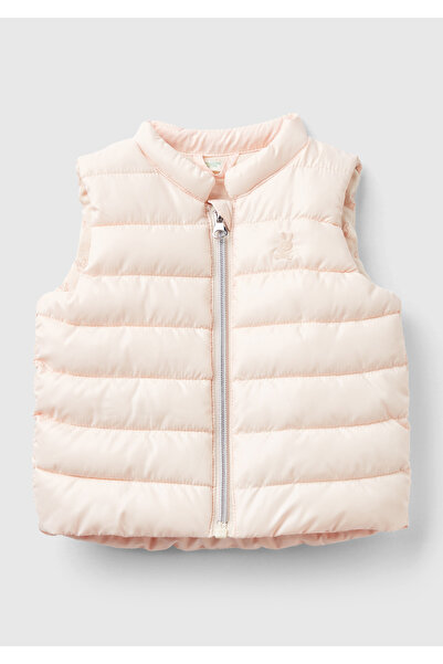 United Colors of Benetton Bebek Pudra Göğsü Tavşan Logosu İşlemli Fermuarlı İnce Puffer Yelek