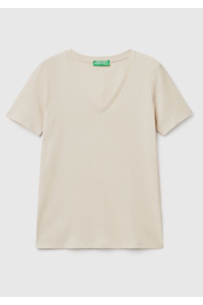 United Colors of Benetton Women's Beige 100% Cotton V-Neck Basic T-Shirt