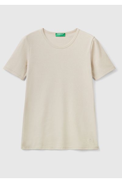 United Colors of Benetton Beige Women's T-shirt - 100% Cotton, Short Sleeve, Crew Neck
