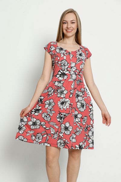 İntensive Women's Short Sleeve Patterned Buttoned Pocket Combed Cotton Modal Cotton Dress