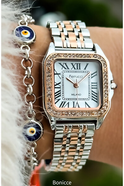 Ferrucci Rose Renk Kare Kasa Çelik Kordon Su Geçirmez Garantili Kol Saati+bileklik