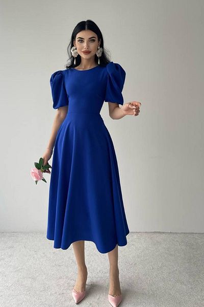lovebox Dámské večerní šaty Atlas Fabric s kulatým výstřihem Princess Sle Flared Cut Midi Length Saks Blue Večerní šaty 220
