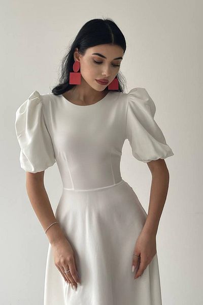 lovebox Dámské Atlas Fabric Kulatý výstřih Princezna Rukáv Rozšířený střih Midi Délka Bílé večerní šaty 220