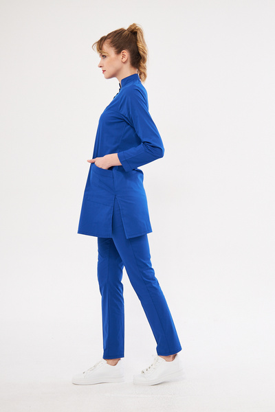 Class Üniforma Tesettür Saks Mavi Likralı Kadın Hemşire Ve Doktor Forması Scrubs