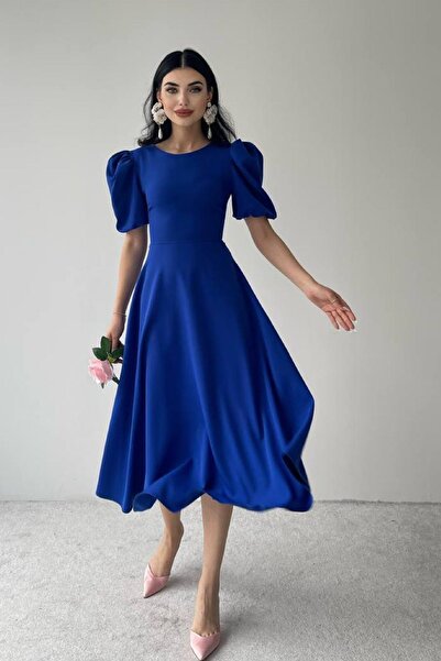 lovebox Női atlasz szövet kerek nyakú hercegnő ujjú, kiszélesedő vágott Midi hosszúságú Saks kék estélyi ruha 220