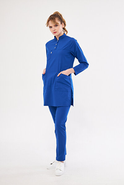 Class Üniforma Tesettür Saks Mavi Likralı Kadın Hemşire Ve Doktor Forması Scrubs