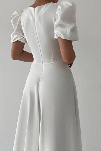 lovebox Rochie de seară albă, lungime midi, cu mâneci prințesă, cu decolteu rotund, din țesătură Atlas, pentru femei 220