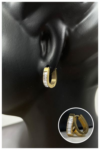 Manken İstanbul Women's Gold Mini Elegant Jewelled Shiny Model Steel Earrings