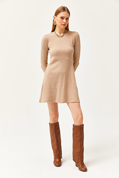Olalook Kadın Camel Bisiklet Yaka Eteği Kloş Fitilli Elbise ELB-19002029