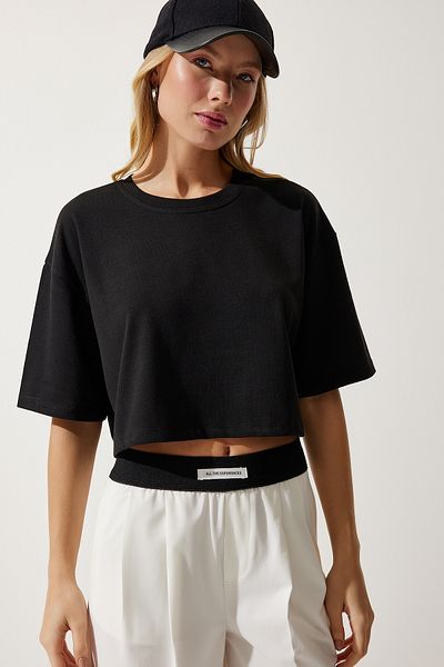 Happiness İstanbul Women's Black Basic Crop Knitted T-Shirt RG00008