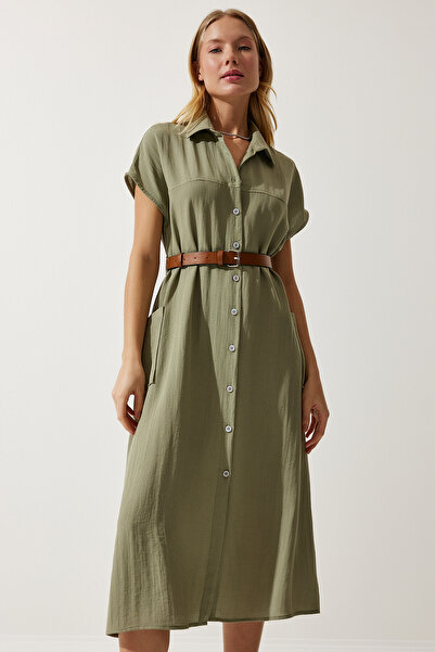 Happiness İstanbul Dámské khaki tkané šaty s páskem MX00155