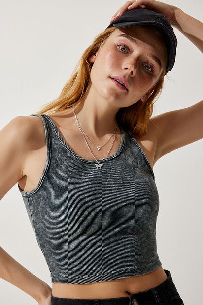 Happiness İstanbul Women's Anthracite Halter Neck Washed Crop Knitted Blouse NJ00135