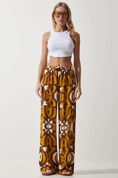 Happiness İstanbul Senfgelbe Palazzo-Hose aus fließender Viskose für Damen, gemustert, EN00606