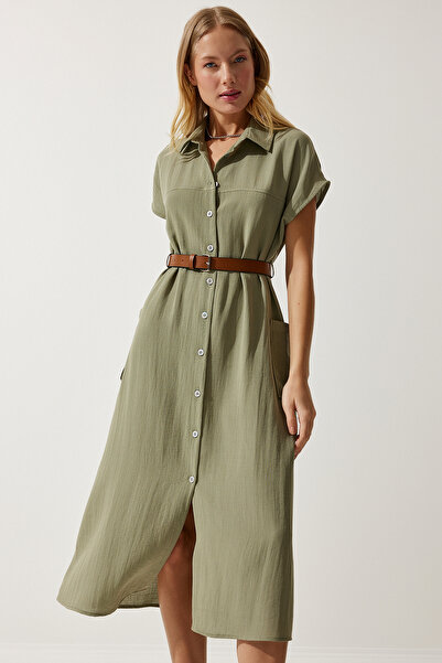 Happiness İstanbul Dámské khaki tkané šaty s páskem MX00155