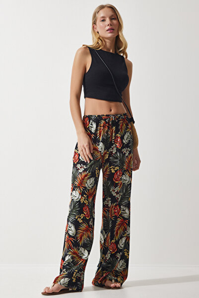 Happiness İstanbul Damskie spodnie palazzo z czarnej kafelkowej tkaniny z płynnej wiskozy EN00606