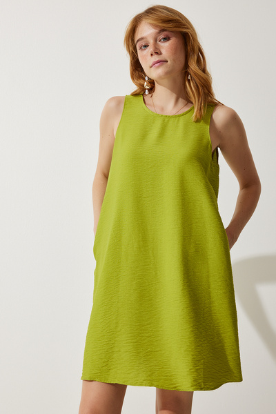 Happiness İstanbul Kadın Fıstık Yeşili Kolsuz Keten Viskon Çan Elbise JH00005