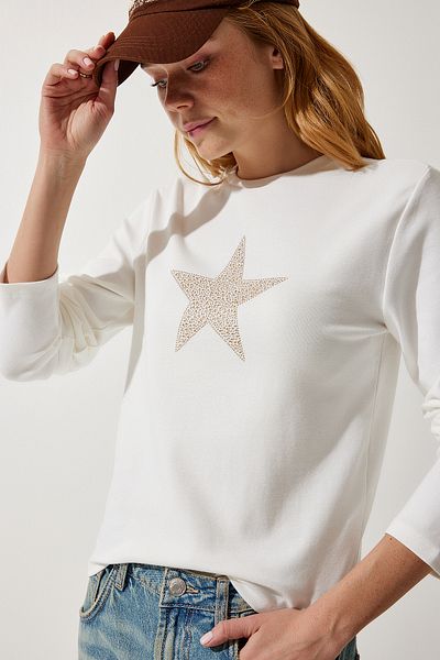 Happiness İstanbul Dámská pletená halenka Ecru Star s potiskem UB00253