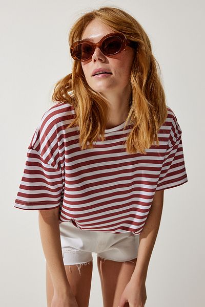 Happiness İstanbul Women's Dried Rose Crew Neck Striped Oversize Knitted T-Shirt EN00609