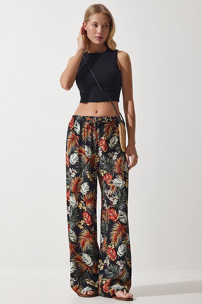 Happiness İstanbul Schwarze Palazzo-Hose aus fließender Viskose mit Fliesenmuster für Damen EN00606