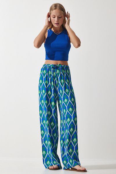 Happiness İstanbul Blaugrün gemusterte Palazzo-Hose aus fließender Viskose für Damen EN00606