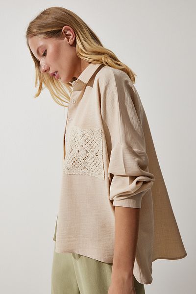 Happiness İstanbul Dunkelbeige Leinenbluse mit Spitzendetail für Damen TP00018