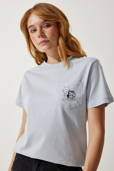 Happiness İstanbul Dámské šedé kapesní pletené tričko UB00252