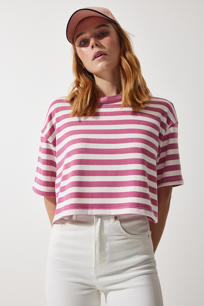 Happiness İstanbul Γυναικείο πλεκτό μπλουζάκι με λαιμόκοψη με ριγέ ροζ Crew CR00427