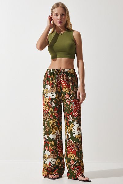 Happiness İstanbul Khakigelb gemusterte Palazzo-Hose aus fließender Viskose für Damen EN00606