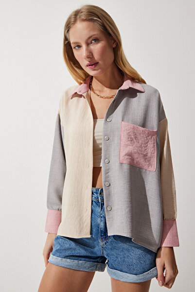 Happiness İstanbul Dámská lněná košile v béžově šedé barvě TP00030