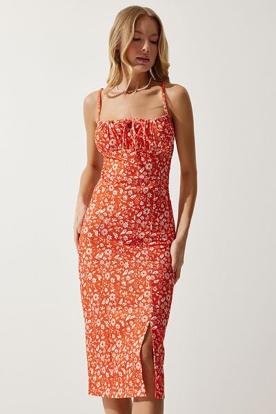 Happiness İstanbul Rochie tricotată de vară cu fantă florală, portocaliu, alb, CI00029