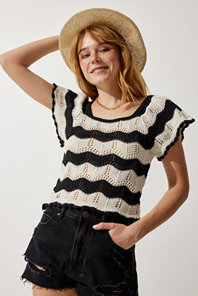 Happiness İstanbul Dámská černá krémová halenka z prolamovaného úpletu YU00012