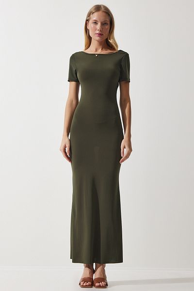 Happiness İstanbul Khakifarbenes, tief ausgeschnittenes, langes Sandy-Strickkleid für Damen DZ00115