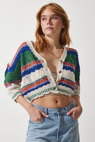 Happiness İstanbul Women's Cream Green Block Colorful Ornamental Seasonal Knit Cardigan AN00167