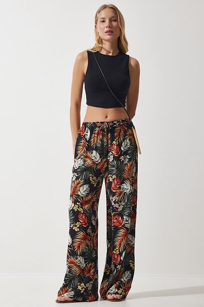Happiness İstanbul Schwarze Palazzo-Hose aus fließender Viskose mit Fliesenmuster für Damen EN00606