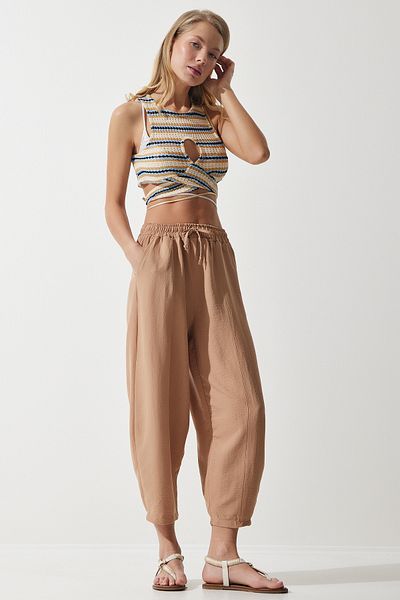 Happiness İstanbul Dunkelbeige Baggy-Hose aus Leinen-Viskose mit Taschen für Damen CV00001