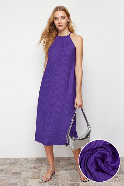 Trendyol Collection Μωβ Shift/Μηδενικό μανίκι μίντι πλισέ πλεκτό φόρεμα TWOSS23EL00752