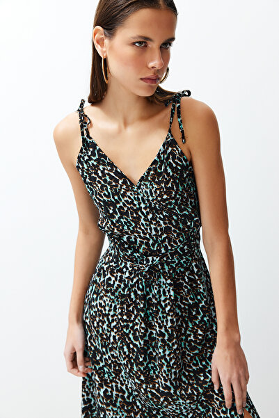 Trendyol Collection Синя двобортна ткана сукня максі з леопардовим принтом TWOSS23EL01892