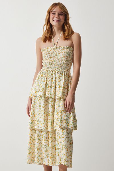 Happiness İstanbul Ecru-gelbes Sommerkleid aus Viskose mit Volant und Blumenmuster für Damen, UB00226