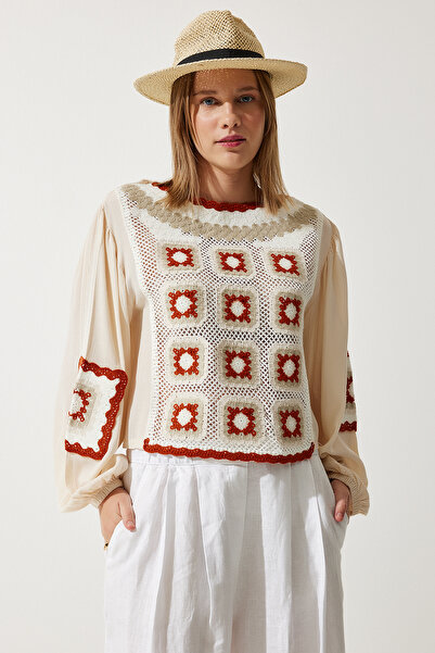 Happiness İstanbul Kremowa, haftowana bluzka damska ES00157