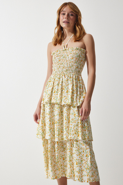 Happiness İstanbul Ecru-gelbes Sommerkleid aus Viskose mit Volant und Blumenmuster für Damen, UB00226