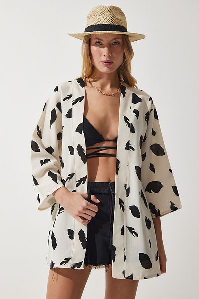 Happiness İstanbul Beige-schwarz gemusterter Kimono aus Leinen-Viskose für Damen BH00381