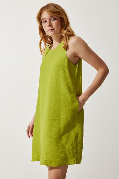 Happiness İstanbul Γυναικείο αμάνικο λινό Viscose Bell φόρεμα πράσινο φιστίκι JH00005