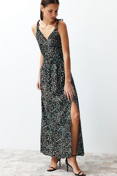 Trendyol Collection Rochie maxi țesută albastră cu imprimeu leopard, cu două piepturi, cu detaliu, TWOSS23EL01892