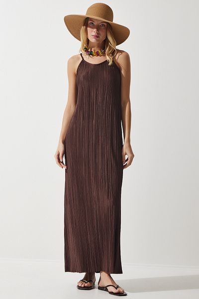 Happiness İstanbul Damen Sommer Plisseekleid mit Trägern in Pflaume DZ00116
