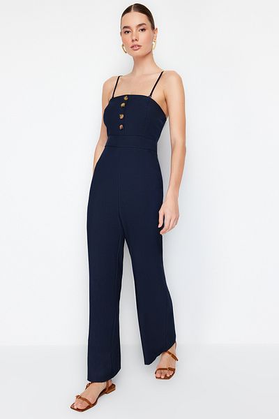 Trendyol Collection Navy Blue Maxi Woven Jumpsuit with Removable Straps and Button Detail TWOSS24TU00008